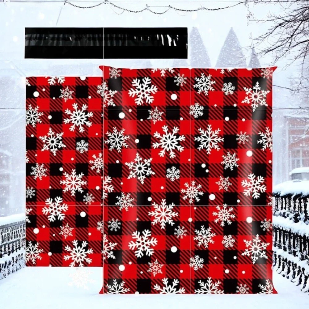 (10) 10x13 Christmas Plaid Snowflakes Poly Mailers